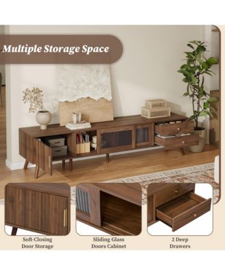  TV Stand , Wood-Grain Entertainment Center with Fluted Cabinet Door, Sliding Glass Doors, and 2 Drawers for Living Room