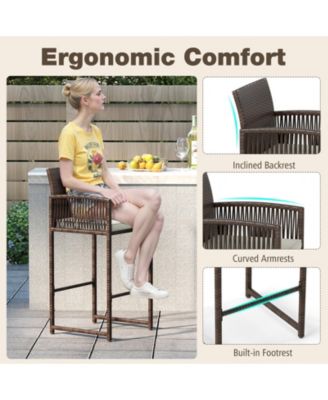Outdoor PE Wicker Bar Stools Set of 2 with Cushions