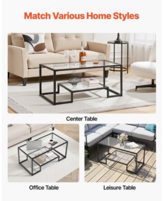 Coffee Table, Tempered Glass Center Table, 2-Tier with Open Storage for Living Room
