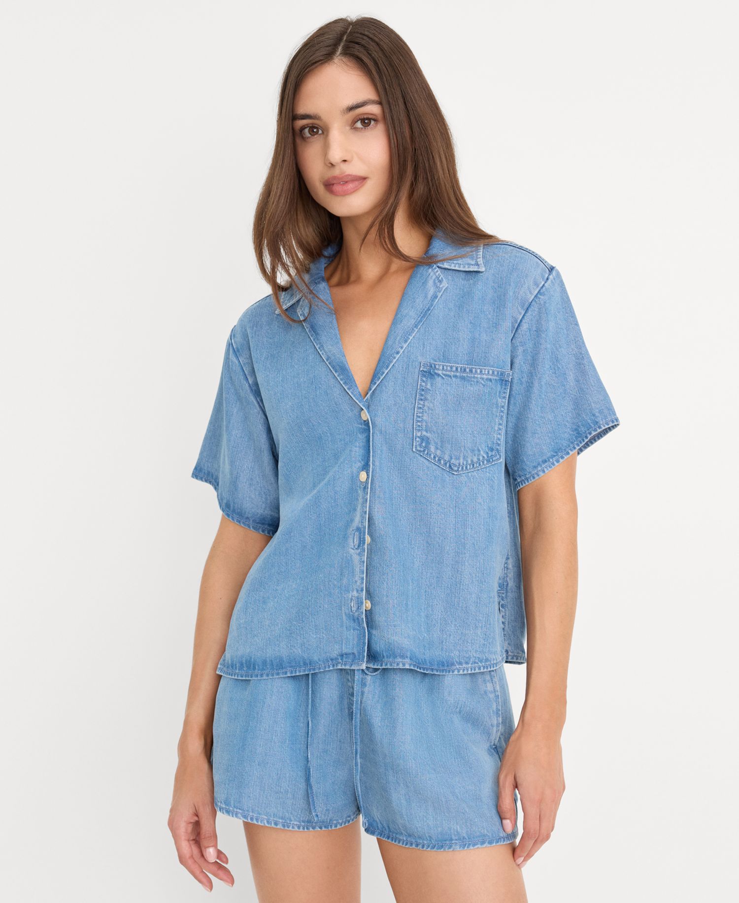 Women's Collared Neck Denim Camp Shirt