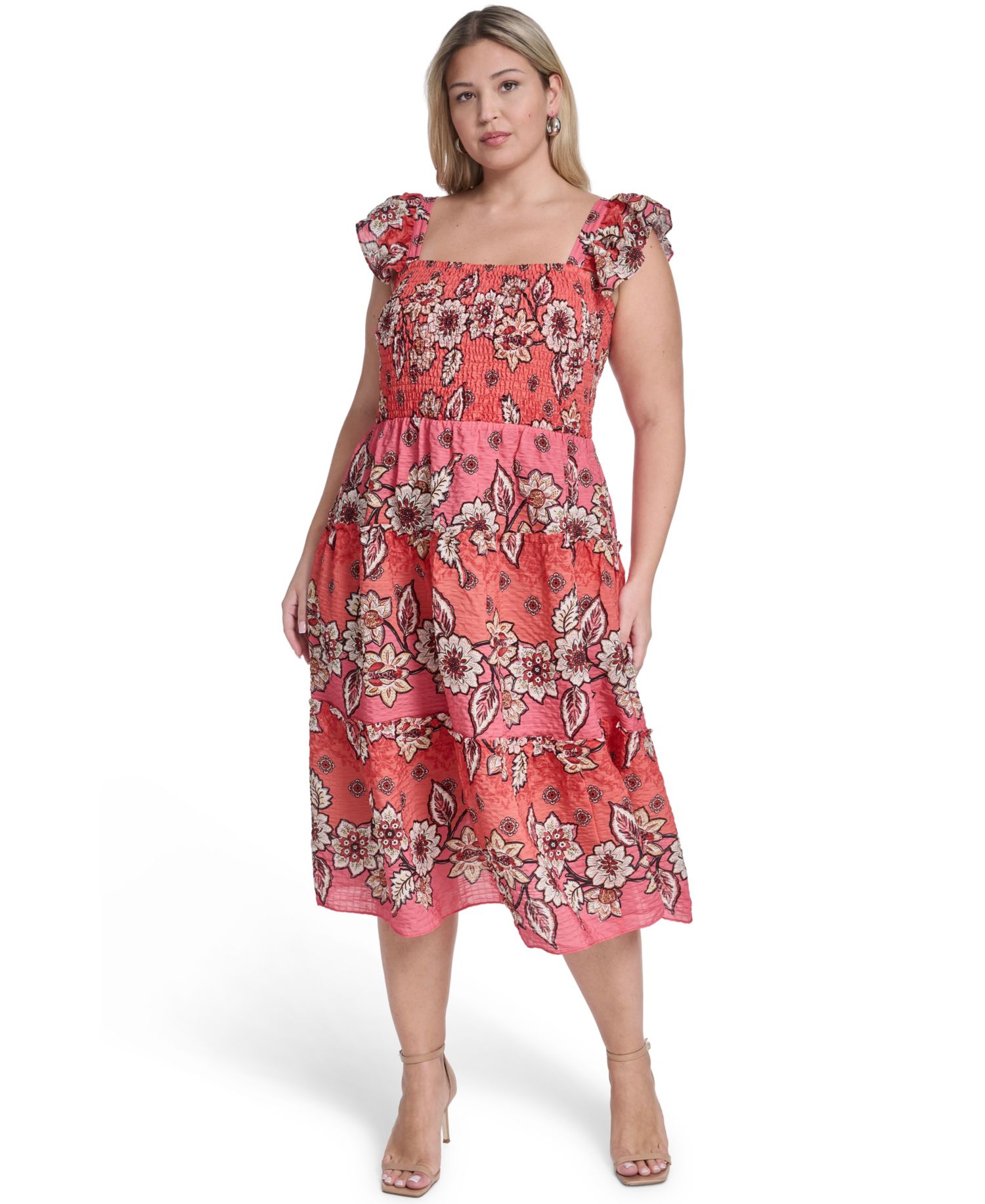Plus Size Flutter Short-Sleeve Square Neck Midi Dress