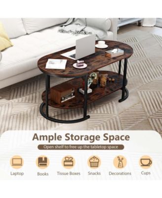 Oval Two Tier Coffee Table with Open Storage Shelf