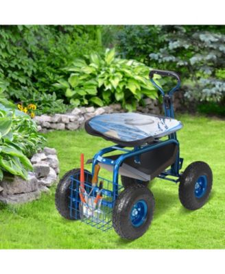 Rolling Garden Workseat with 360-Degree Swivel Seat and Adjustable Handle for Yard Use