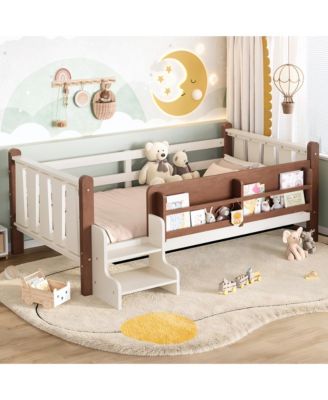 Kids Floor Bed Frame with Storage Bookcases and Stairs, Twin Size Solid Wood Low Profile Bed with Guardrails for Boys Girls