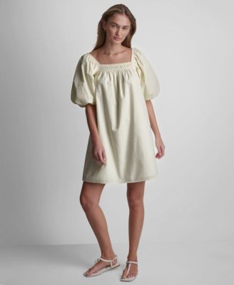 Women's Half Puff-Sleeve Seersucker Mini Dress with Square Neckline