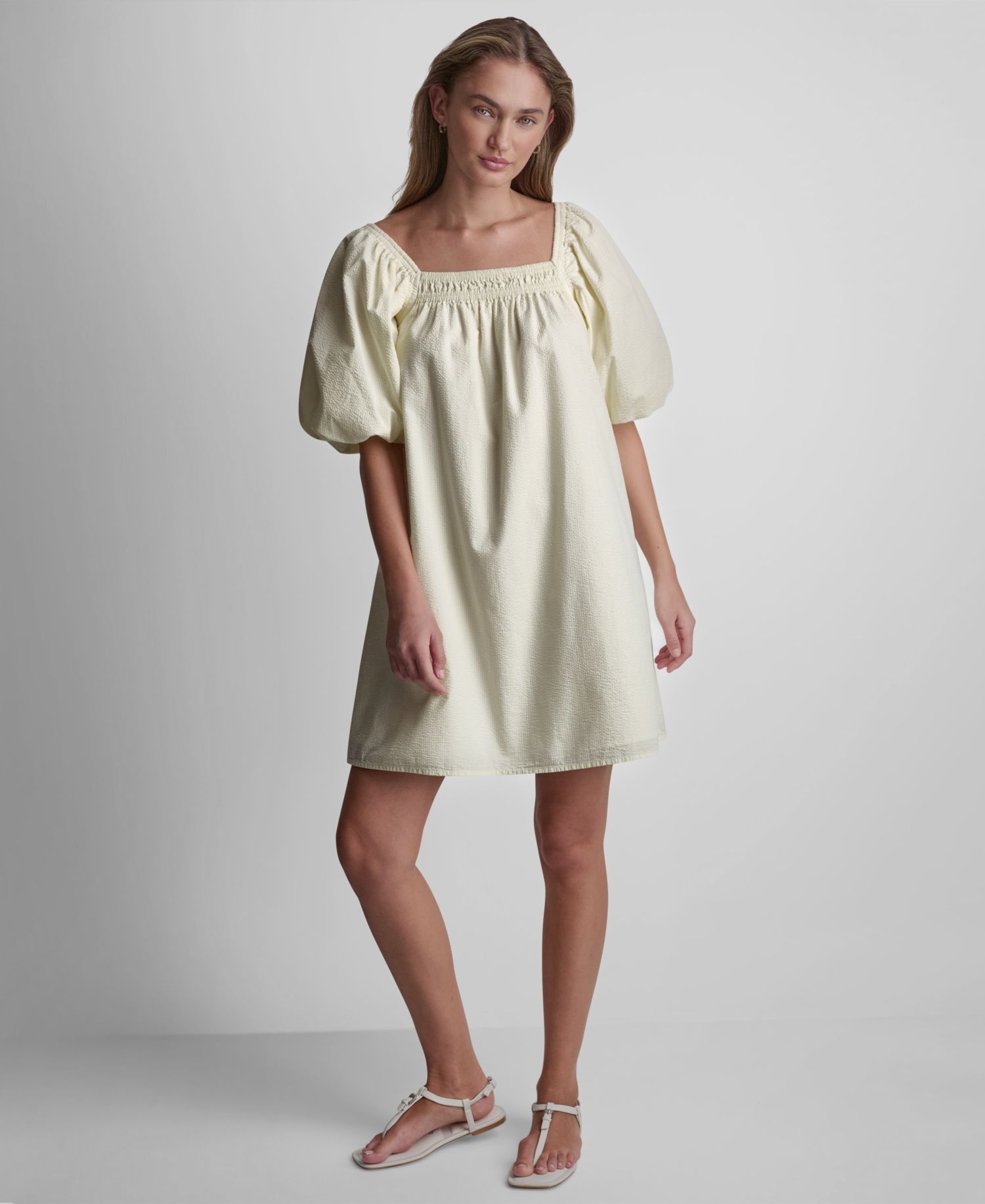 Women's Half Puff-Sleeve Seersucker Mini Dress with Square Neckline