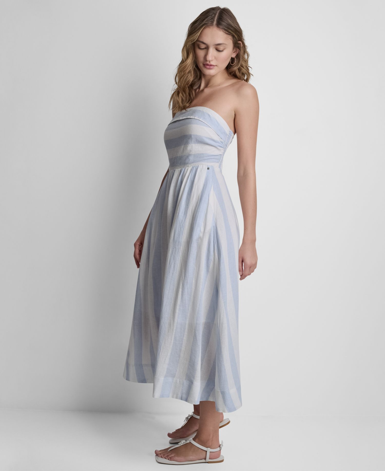 Women's Striped Strapless Linen-Blend Midi Dress