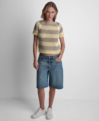 Women's Short-Sleeve Raglan Stripe Pointelle Pull-On Sweater