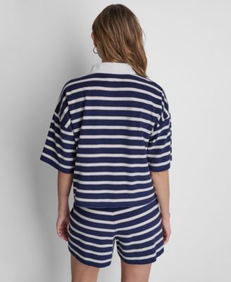 Women's Towelling Terry Stripe Boxy Polo Top