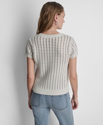 Women's Short-Sleeve Chunky Pointelle Crewneck Sweater 
