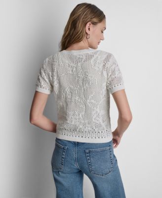 Women's Short Sleeve Crew Neck Floral Pointelle Cardigan