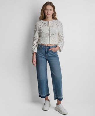 Women's Long-Sleeve Floral Crochet Crewneck Cardigan With Scallop Hem