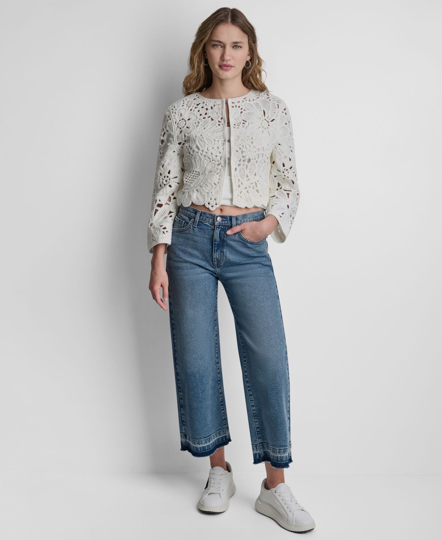 Женский кардиган DKNY Jeans Long-Sleeve Floral Crochet Crewneck With Scallop Hem, цвет: Сливочный — фото 2