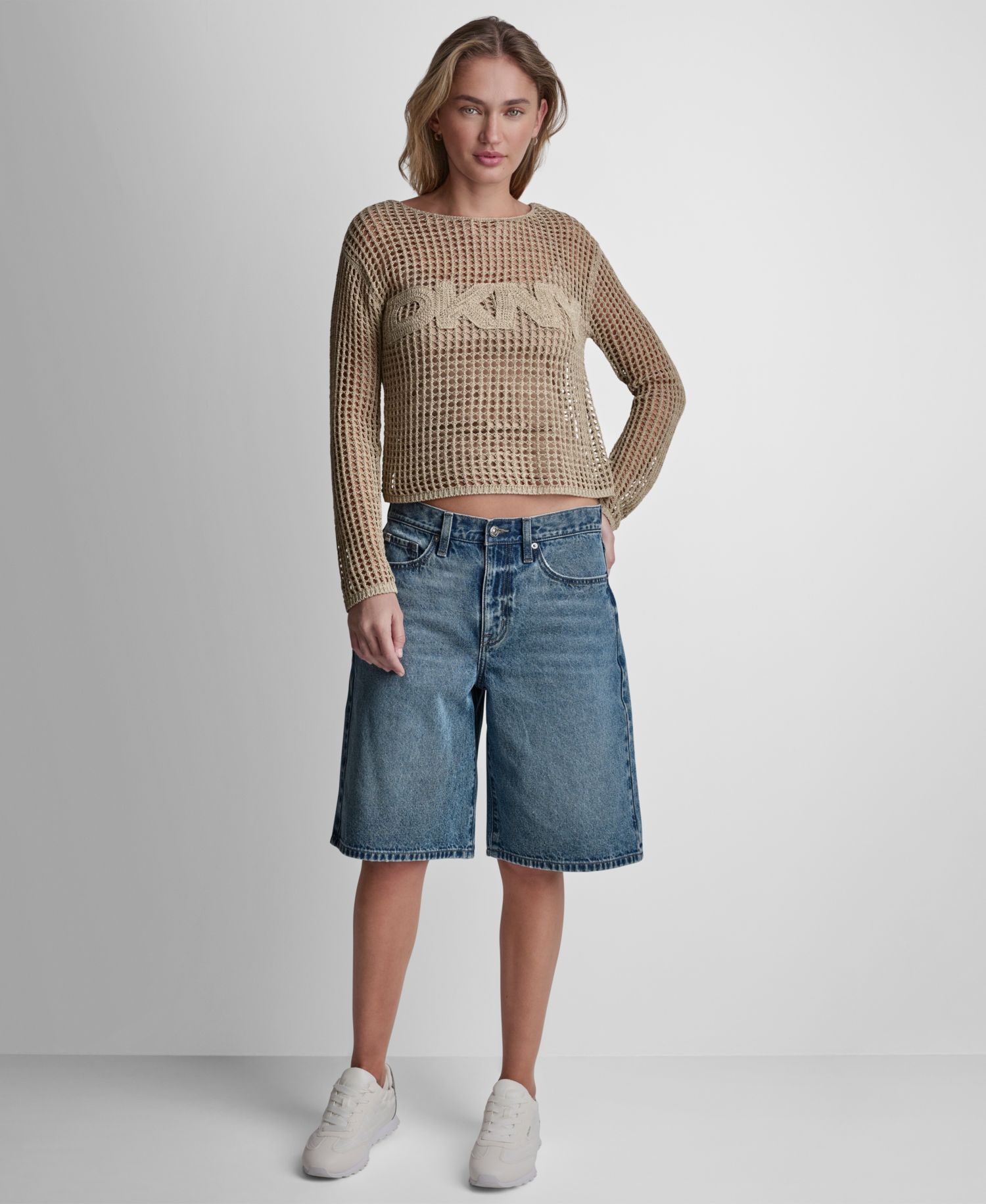 Petite Long-Sleeve Pointelle Crochet Open-Stitch Boat Neck Logo Sweater