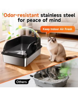 Extra Large Stainless Steel Cat Litter Box Odor Free High Sides With Scoop Easy Cleaning Anti Leak Non Stick