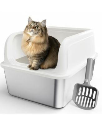 Stainless Steel Cat Litter Box High Sided Anti Leakage Non Sticky Easy Clean With Scoop