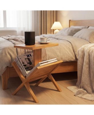 Teak Wood 2-Tier Side Table with Built-In Magazine Rack