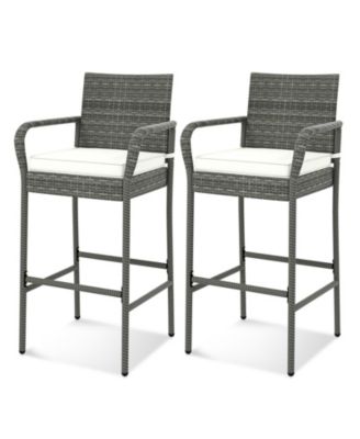 Patio Wicker Bar Stools with Armrests and Cushions Set of Two