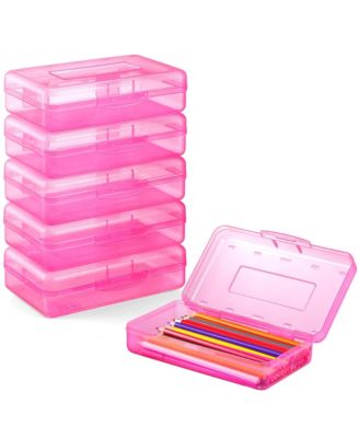6 pack Plastic Pencil Case Crayon Pen Organizer Snap Lid Stackable Craft Storage Box