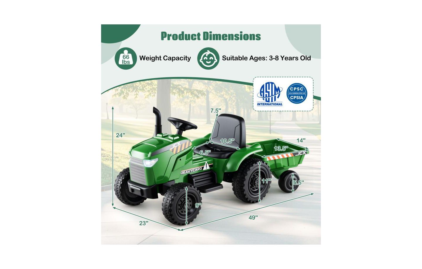 Детская игрушка HONGGE 12V 2-in-1 Remote Control Ride-On Tractor with Detachable Trailer, 66 lbs Capacity, Ages 3-8, цвет: Зелёный — фото 3