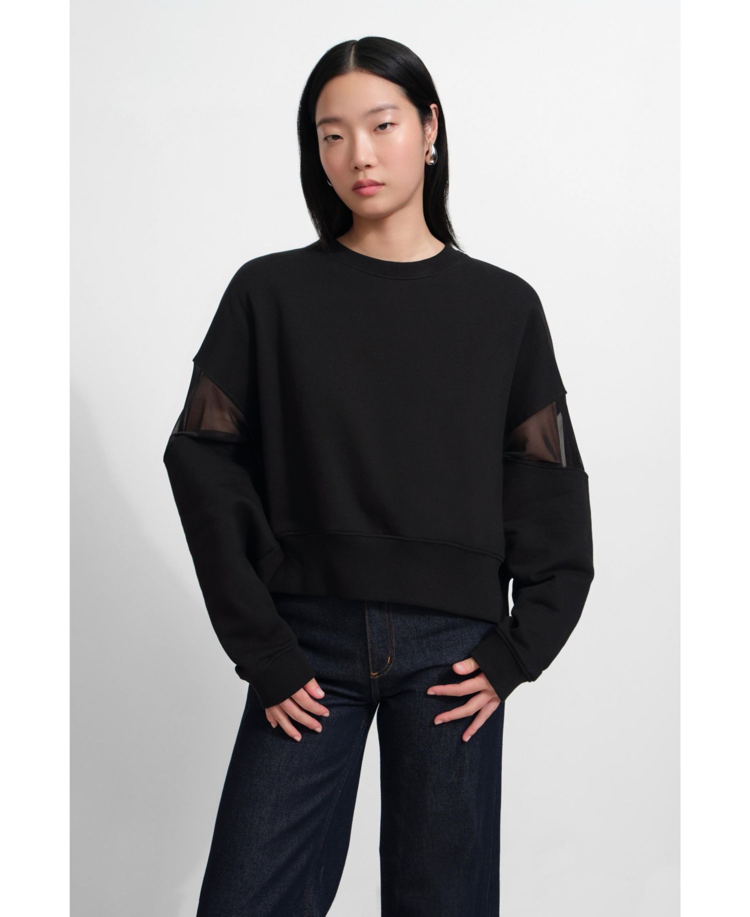 Women's Iara Mesh-Sleeve Panel Dropped-Shoulder Ribbed-Hem Sweatshirt