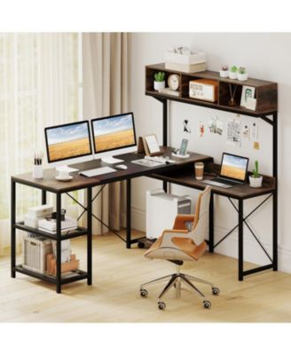 62 Inch Brown L Shaped Desk with Power Outlet and Storage Hutch