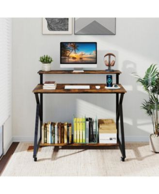 Rolling Workstation Desk with Monitor Shelf and Charging Storage
