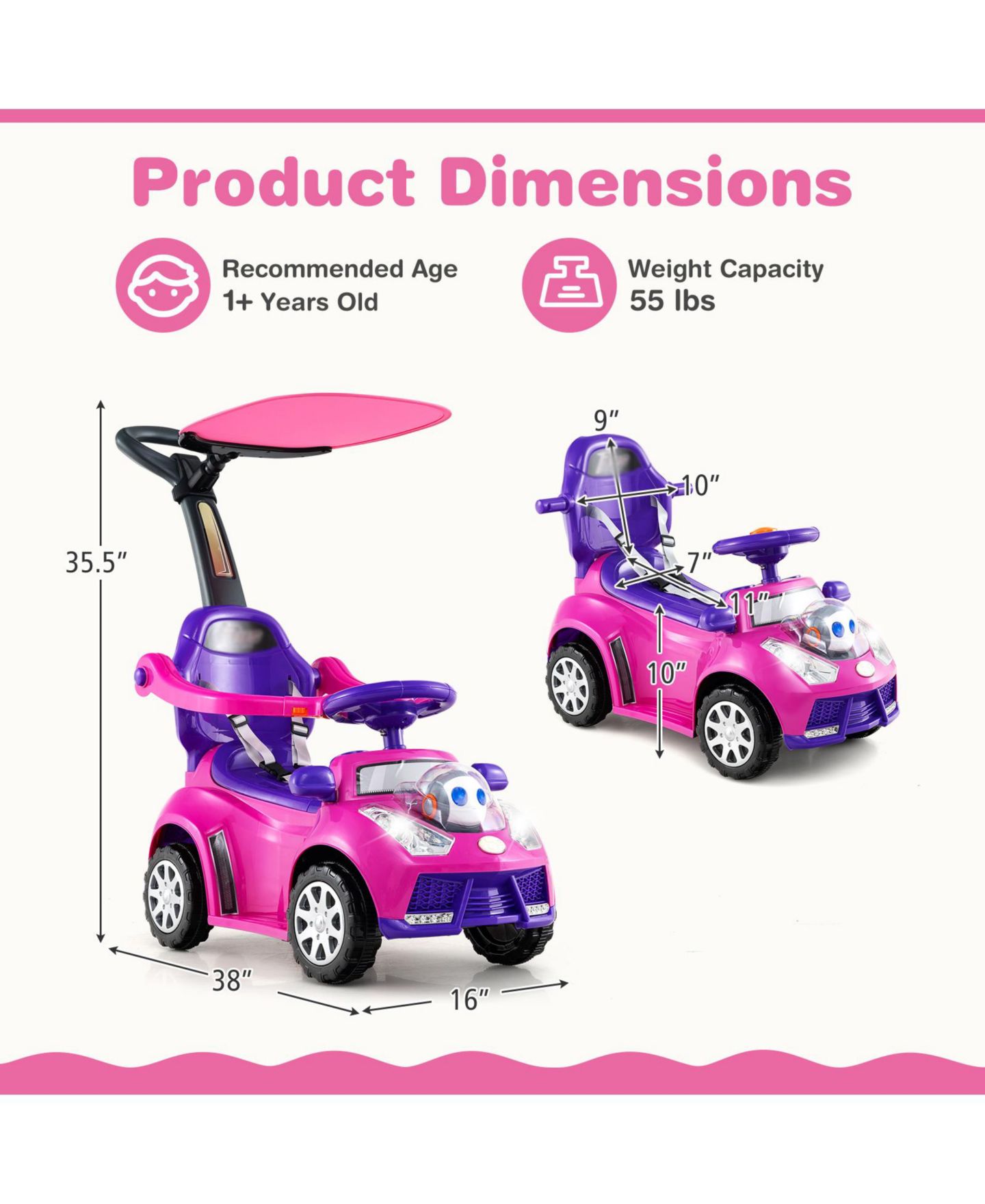 Детские игрушки Slickblue 3-in-1 Ride-On Push Car with Seat Belt and Canopy, Ages 1+, цвет: Розовый — фото 3