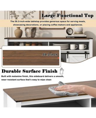  Farmhouse Sideboard, Wood Buffet Cabinet with Open Storage, Sliding Barn Door and Mesh Panels for Living Room, Kitchen