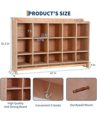 Wall Mounted Cubby Organizer with 15 Compartments and Hooks