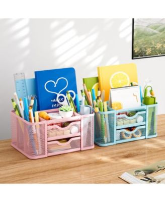 Mesh Desk Organizer Pen Holder 2 Drawer 5 Compartments Office