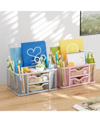 Mesh Desk Organizer Pen Holder 2 Drawer 5 Compartments Office