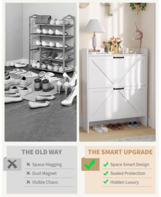 Farmhouse Shoe Cabinet with 2 Flip Drawers, White, Slim Entryway Storage with Metal Legs