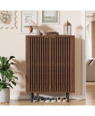 Louvered Shoe Cabinet with Doors, Walnut, 6 Tier Entryway Storage for 24 Pairs