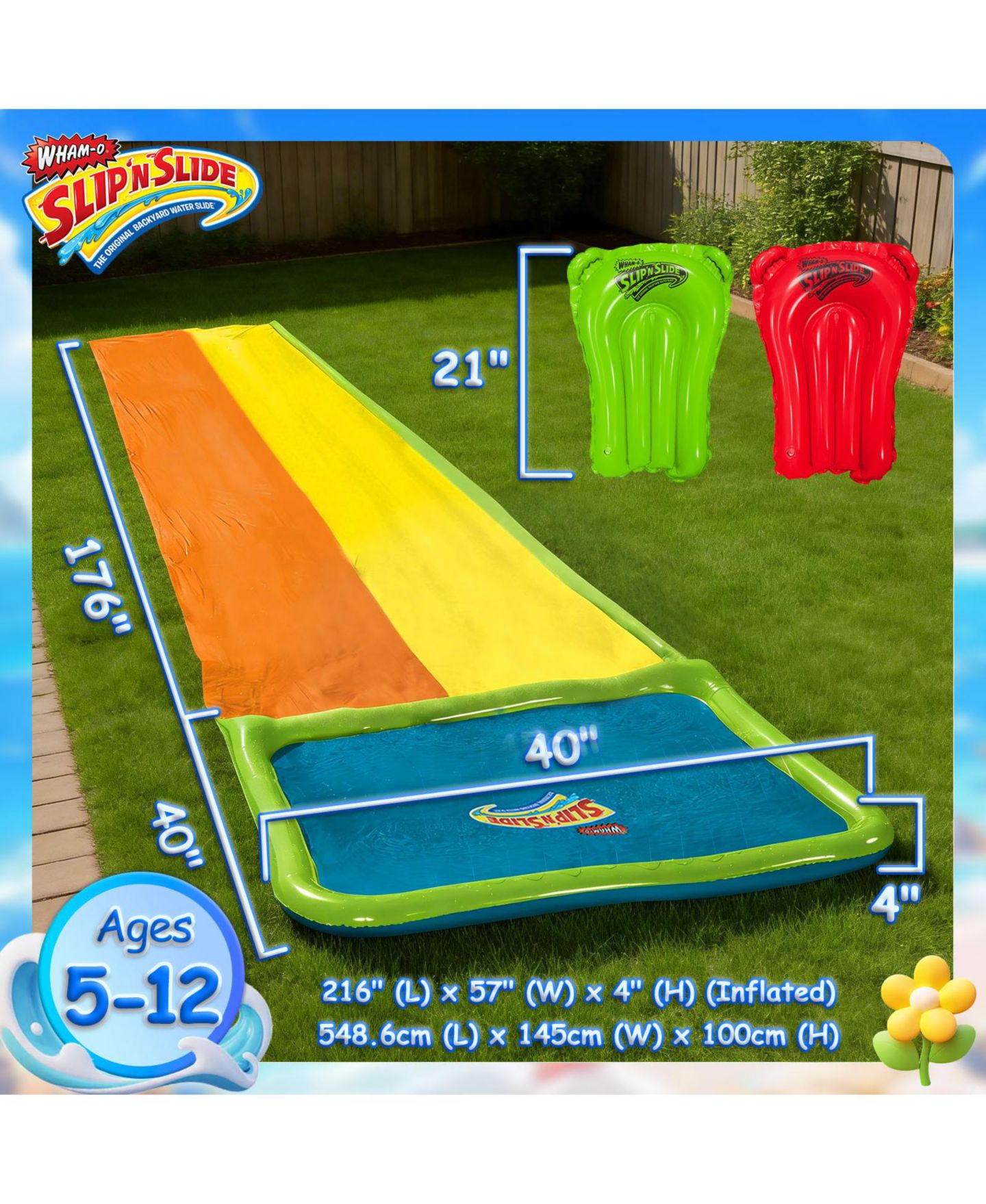 Детская игрушка Wham-o Slip N Slide Water Slide, 18ft Backyard Wave Rider Summer Outdoor Kid Toys, Double Lane, Includes 2 Boogie, цвет: Оранжевый / Жёлтый — фото 2