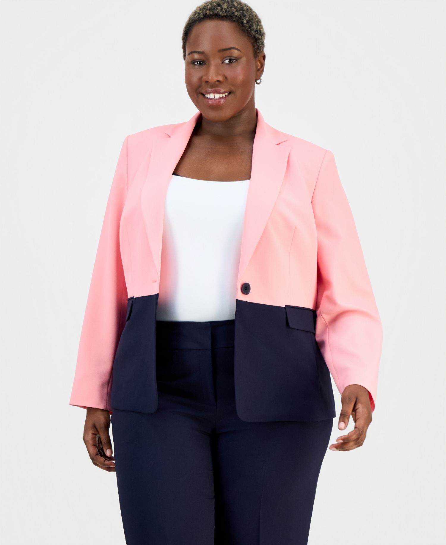 Plus Size Colorblocked One-Button Peplum Jacket & Fly-Front Wide-Leg Pants Suit