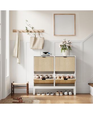 Fluted Shoe Cabinet with 4 Flip Drawers, White and Oak, Slim Entryway Storage with Metal Legs