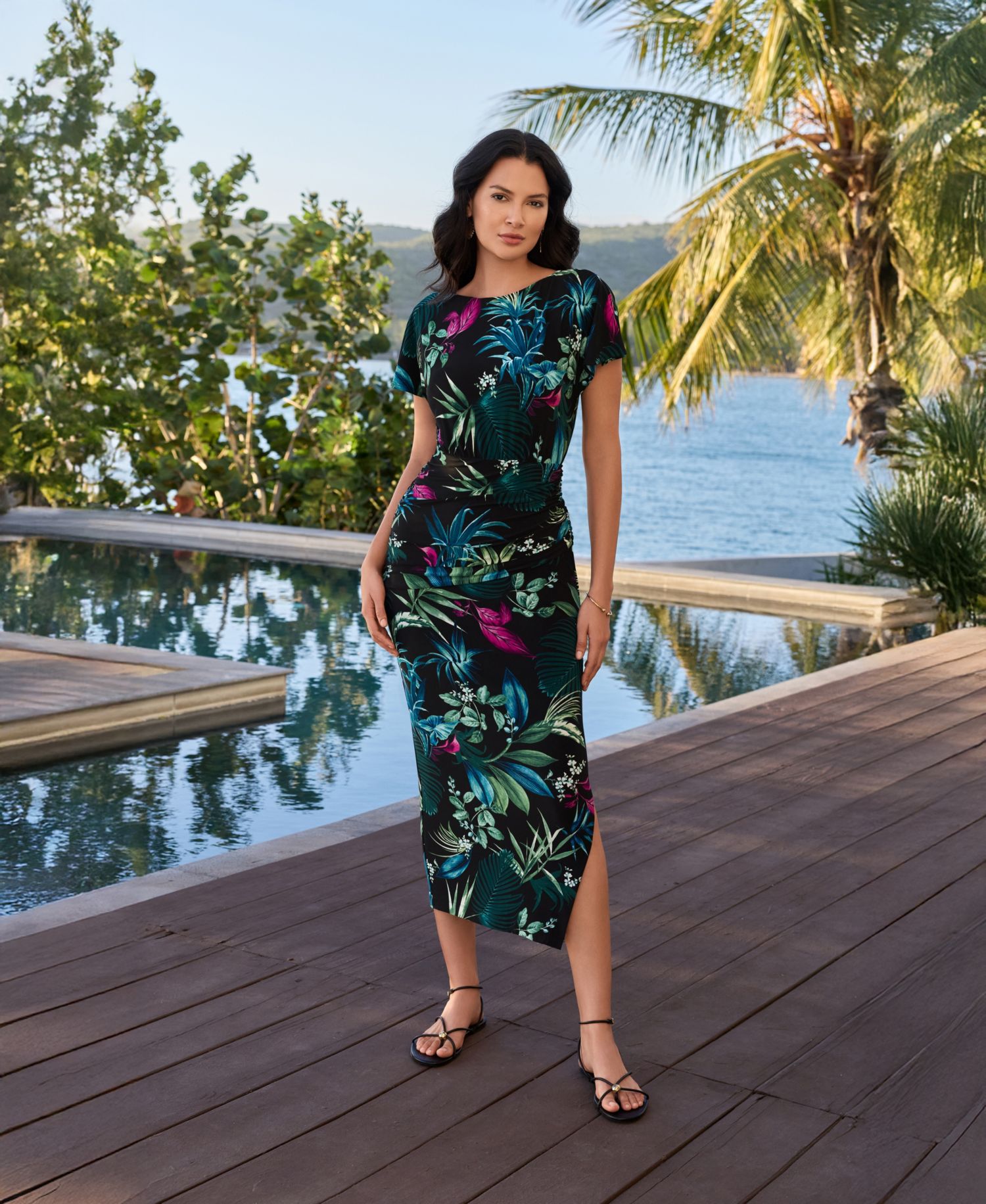 Women's Botanical-Print Boat Neck Shaping Dress