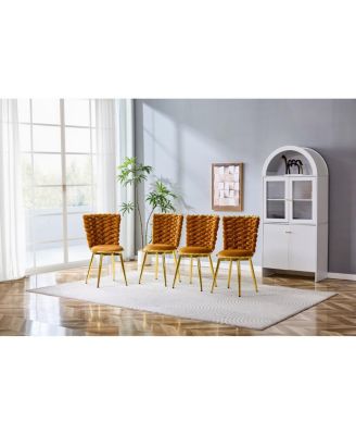 Set of 2 Orange Velvet Dining Chairs with Gold Legs & Woven Rope Backs