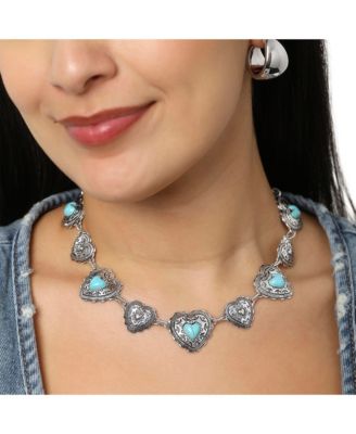 JS Turquoise Concho Statement Necklace Antique Silver Tone