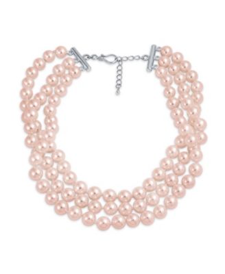 Pink White 3 Strand Wide Simulated Pearl Choker Collar Necklace