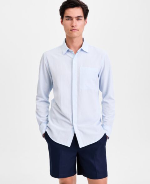 Мужская рубашка Alfani Long-Sleeve Puckered Stripe One Pocket, цвет: Полосатый бриллиантовый синий