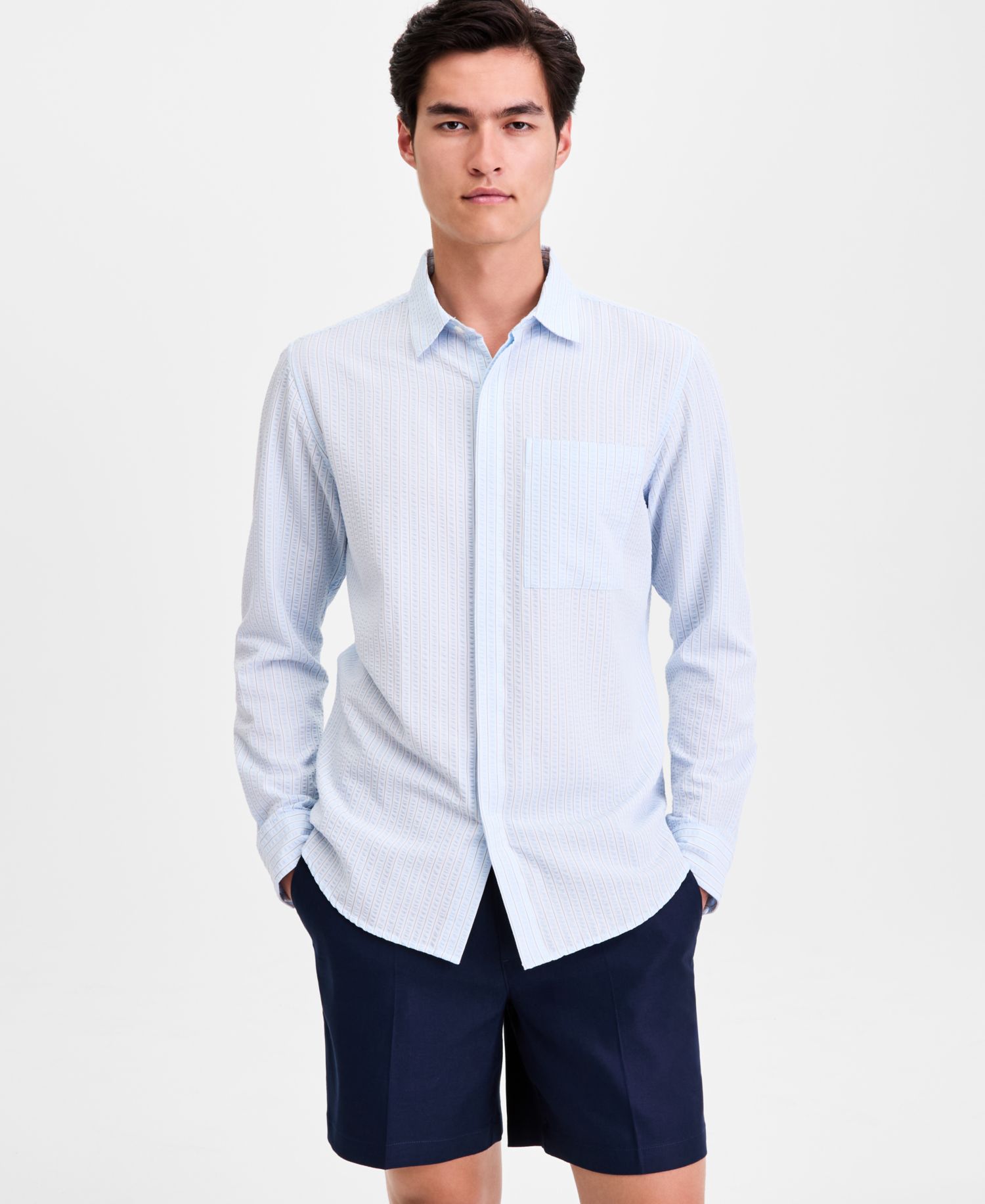 Men's Long-Sleeve Puckered Stripe One Pocket Shirt, Macy's Exclusive
