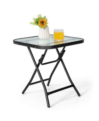 18'' Foldable Patio Side Table Square Coffee Bistro Table w/ Tempered Glass Table Top