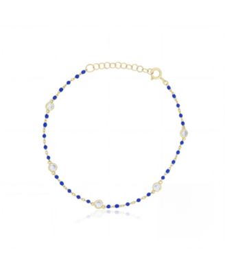 Dark Enamel Bead CZ Chain Bracelet 14K Gold Plated Sterling Silver