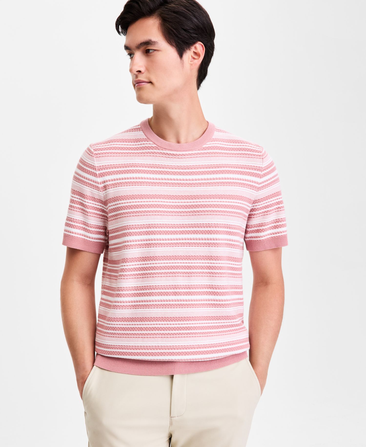 Men's Short-Sleeve Stripe Crewneck Sweater Tee, Macy's Exclusive