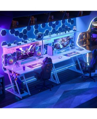 55'' Gaming Desk - Cumputer Desk with Hutch, Outlets, and LED Lights