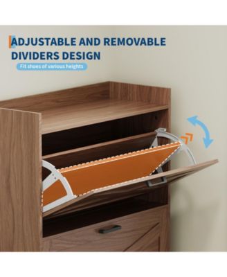 Farmhouse Shoe Cabinet with 4 Flip Drawers and Upholstered Bench, Walnut Entryway Storage