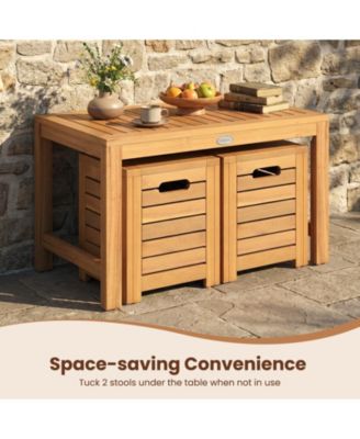 3-Piece Acacia Wood Outdoor Coffee Table and Stool Set with Storage