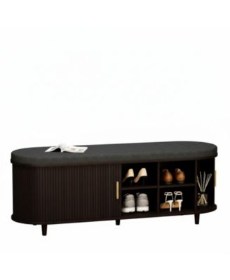 2-Tier Storage Shoe Bench Thickened Padded Seat Mid Century Modern Fluted Sliding Door Adjustable Shelf